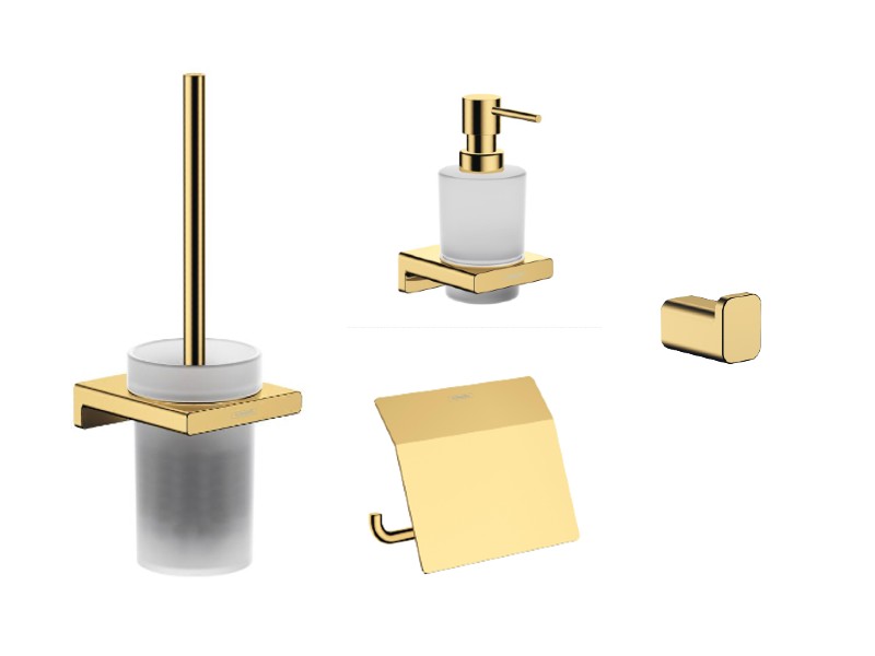 Hansgrohe Pachet 4in1 accesorii baie hansgrohe addstoris, pe perete, perie, suport, dozator, lucios, auriu, 41752990-10st