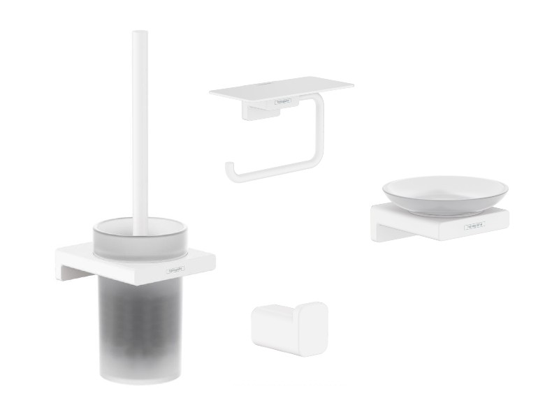 Hansgrohe Pachet 4in1 accesorii baie hansgrohe addstoris, pe perete, perie, suport, savoniera, mat, alb, 41752700-14st