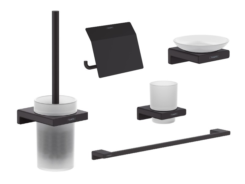 Hansgrohe Pachet 5in1 accesorii baie hansgrohe addstoris, pe perete, perie, suport, savoniera, mat, negru, 41752670-22st