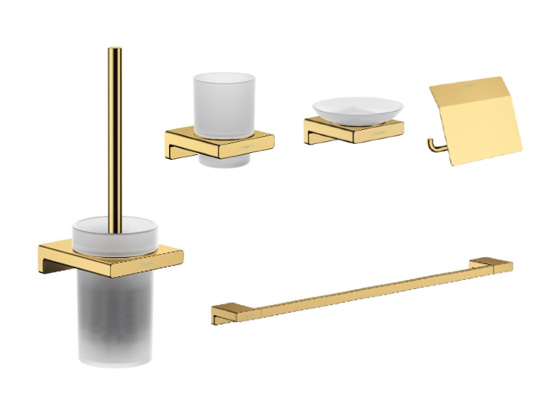 Hansgrohe Pachet 5in1 accesorii baie hansgrohe addstoris, pe perete, perie, suport, savoniera, lucios, auriu, 41752990-22st
