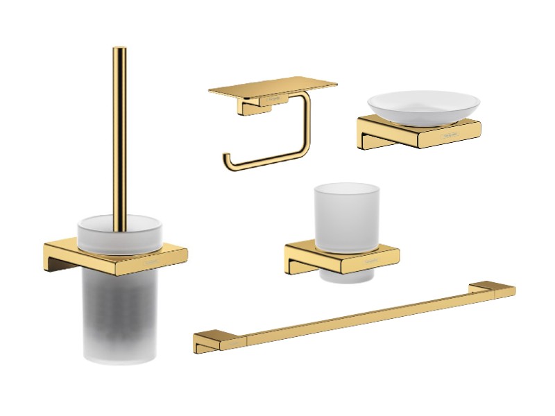 Hansgrohe Pachet 5in1 accesorii baie hansgrohe addstoris, pe perete, perie, suport, savoniera, lucios, auriu, 41752990-23st