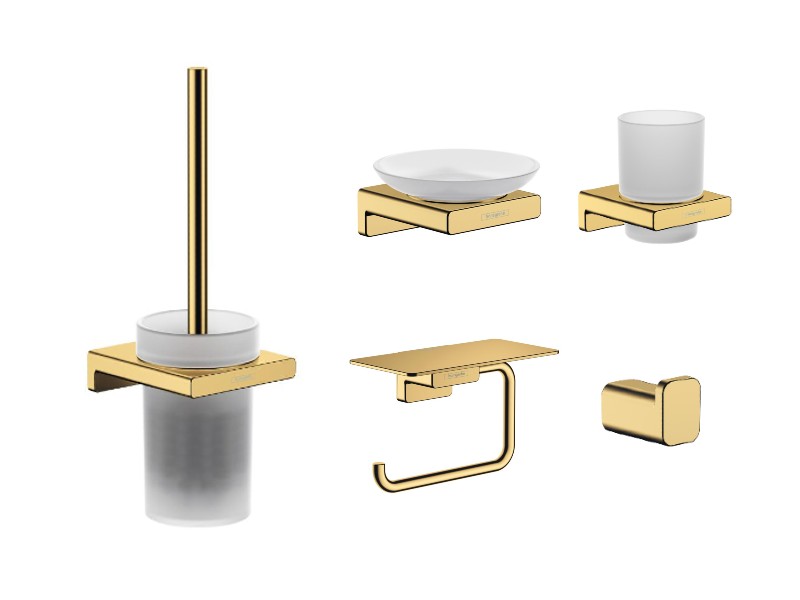 Hansgrohe Pachet 5in1 accesorii baie hansgrohe addstoris, pe perete, perie, suport, savoniera, lucios, auriu, 41752990-26st