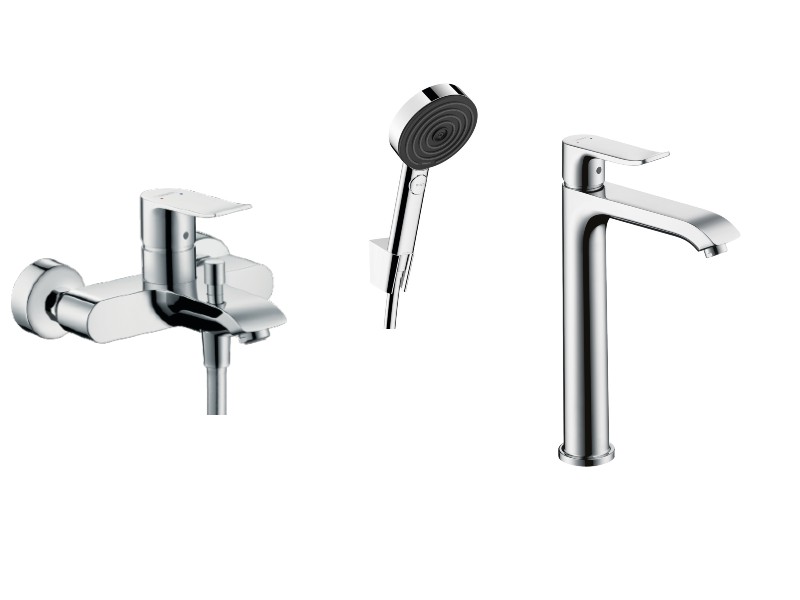 Hansgrohe Pachet cada 3in1 hansgrohe metris 31480000, 1/2'', monocomanda, baterie lavoar, 3/8'', marimea l, set de dus, 1.6 m,