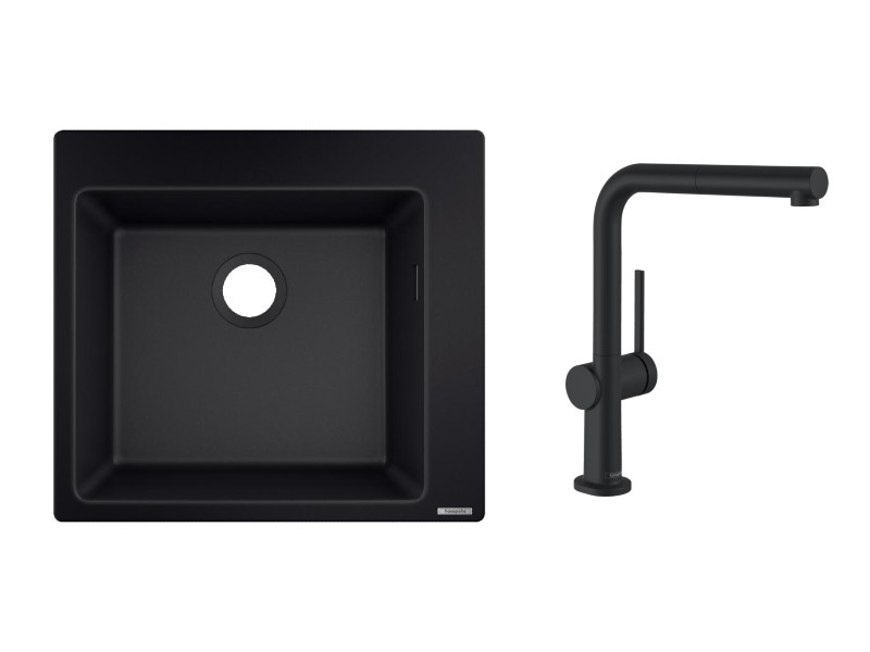 Hansgrohe Pachet chiuveta bucatarie hansgrohe s510, silicatec, pe blat, 560 x 510 mm, baterie inalta, dus, mat, negru,