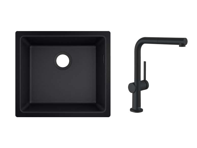 Hansgrohe Pachet chiuveta bucatarie hansgrohe s510, silicatec, sub bat, 500 x 450 mm, baterie inalta, dus, mat, negru,