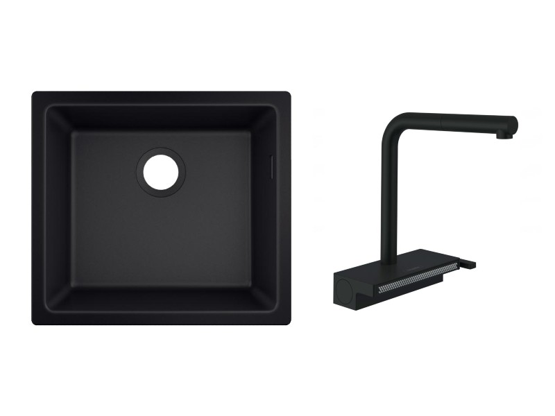 Hansgrohe Pachet chiuveta bucatarie hansgrohe s510, silicatec, sub bat, 500 x 450 mm, baterie inalta, dus, mat, negru,