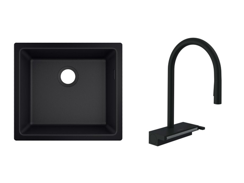 Hansgrohe Pachet chiuveta bucatarie hansgrohe s510, silicatec, sub bat, 500 x 450 mm, baterie inalta, dus, mat, negru,