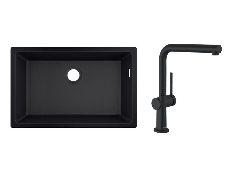 Hansgrohe Pachet chiuveta bucatarie hansgrohe s510, silicatec, sub blat, 710 x 450 mm, baterie inalta, dus, mat, negru,