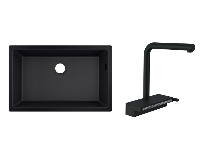Hansgrohe Pachet chiuveta bucatarie hansgrohe s510, silicatec, sub blat, 710 x 450 mm, baterie inalta, dus, mat, negru,