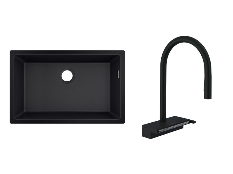 Hansgrohe Pachet chiuveta bucatarie hansgrohe s510, silicatec, sub blat, 710 x 450 mm, baterie inalta, dus, mat, negru,