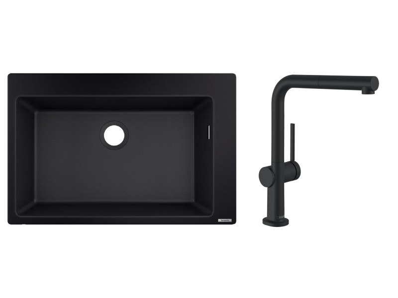 Hansgrohe Pachet chiuveta de bucatarie hansgrohe s510, silicatec, pe blat, 770 x 510 mm, baterie inalta, dus, mat, negru,