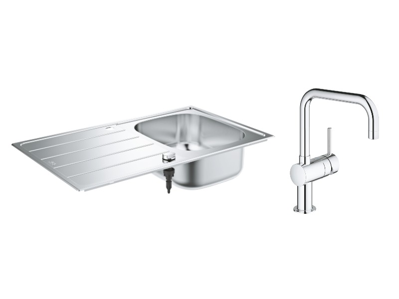 Grohe Pachet chiuveta grohe k200 31552sd1, 860 x 500 mm, 1 cuva, montare pe blat + baterie minta 32488000, pipa inalta, tip u,