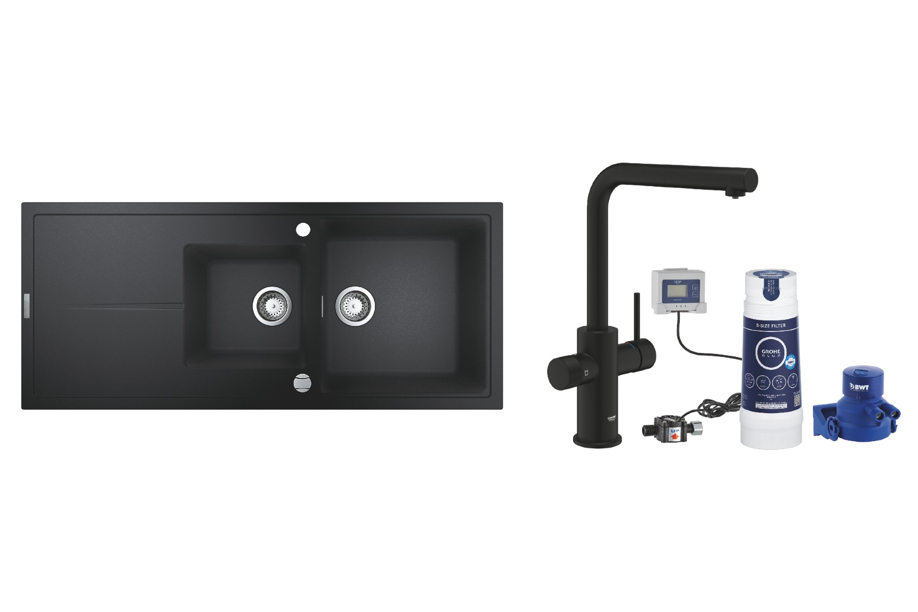 Grohe Pachet chiuveta grohe k500 31643ap0, 1160 x 500 mm, quartz, montare pe blat + baterie 30579kf0, tip l, filtrare apa, dus