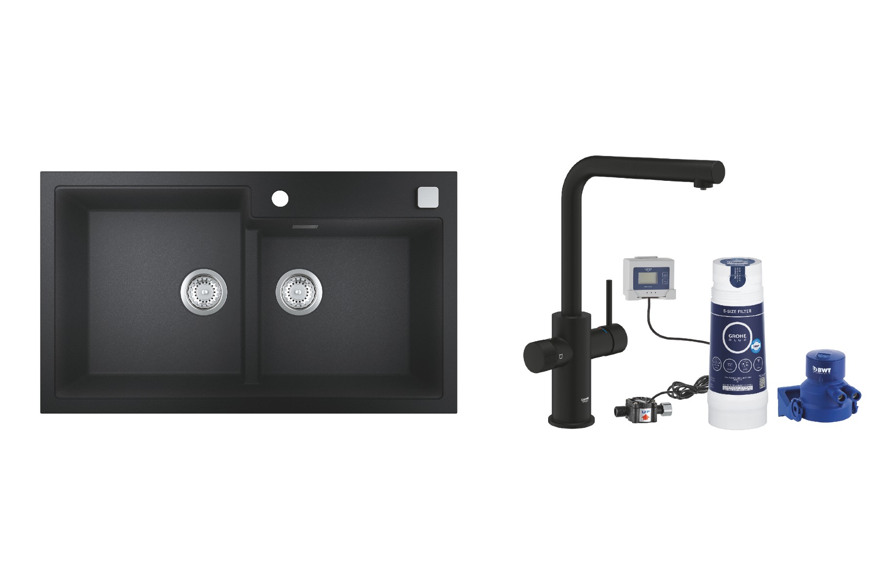 Grohe Pachet chiuveta grohe k500 31649ap0, 860 x 500 mm, quartz, montare pe blat + baterie 30579kf0, tip l, filtrare apa, dus