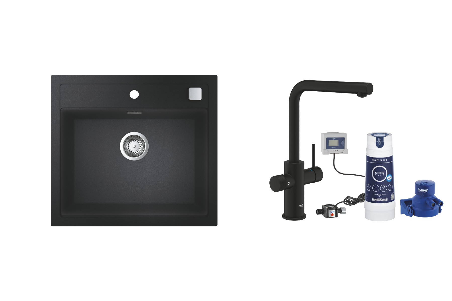 Grohe Pachet chiuveta grohe k700 31651ap0, 560 x 510 mm, quartz, montare pe blat + baterie 30579kf0, tip  l, filtrare apa, dus