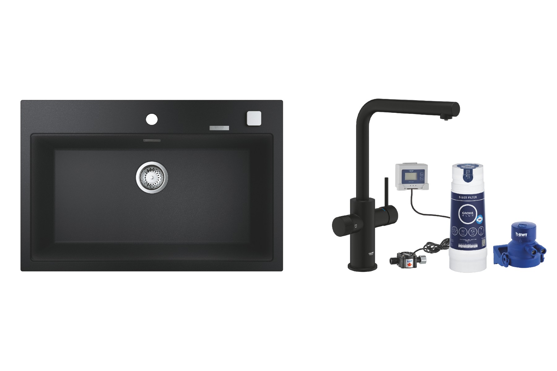Grohe Pachet chiuveta grohe k700 31652ap0, 780 x 510 mm, quartz, montare pe blat + baterie 30579kf0, tip l, filtrare apa, dus