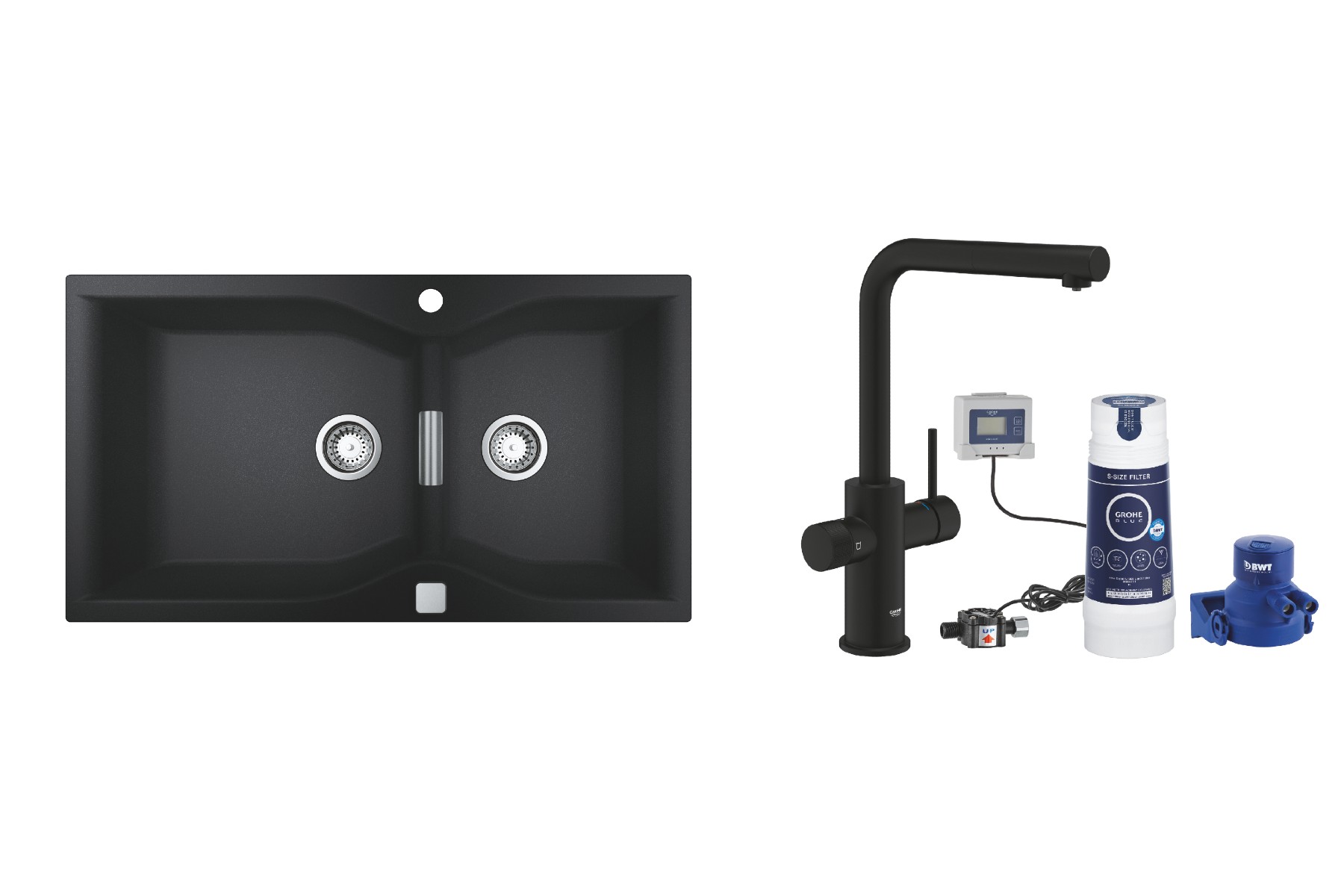 Grohe Pachet chiuveta grohe k700 31658ap0, 900 x 500 mm, quartz, montare pe blat + baterie 30579kf0, tip l, filtrare apa, dus