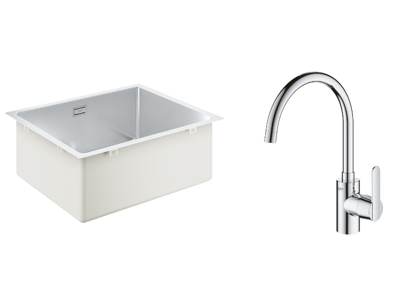 Grohe Pachet chiuveta grohe k700u 31574sd1, 540 x 440 mm, 1 cuva, montare pe/sub blat + baterie get 31494001, 3/8'', pipa inalta,