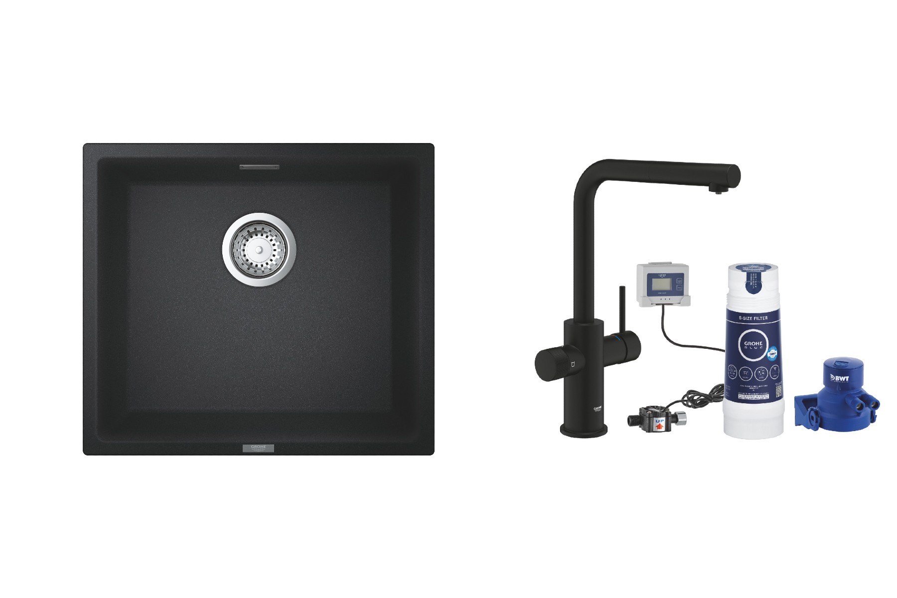 Grohe Pachet chiuveta grohe k700u 31653ap0, 457 x 406 mm, quartz, montare sub blat + baterie 30579kf0, tip l, filtrare apa, dus