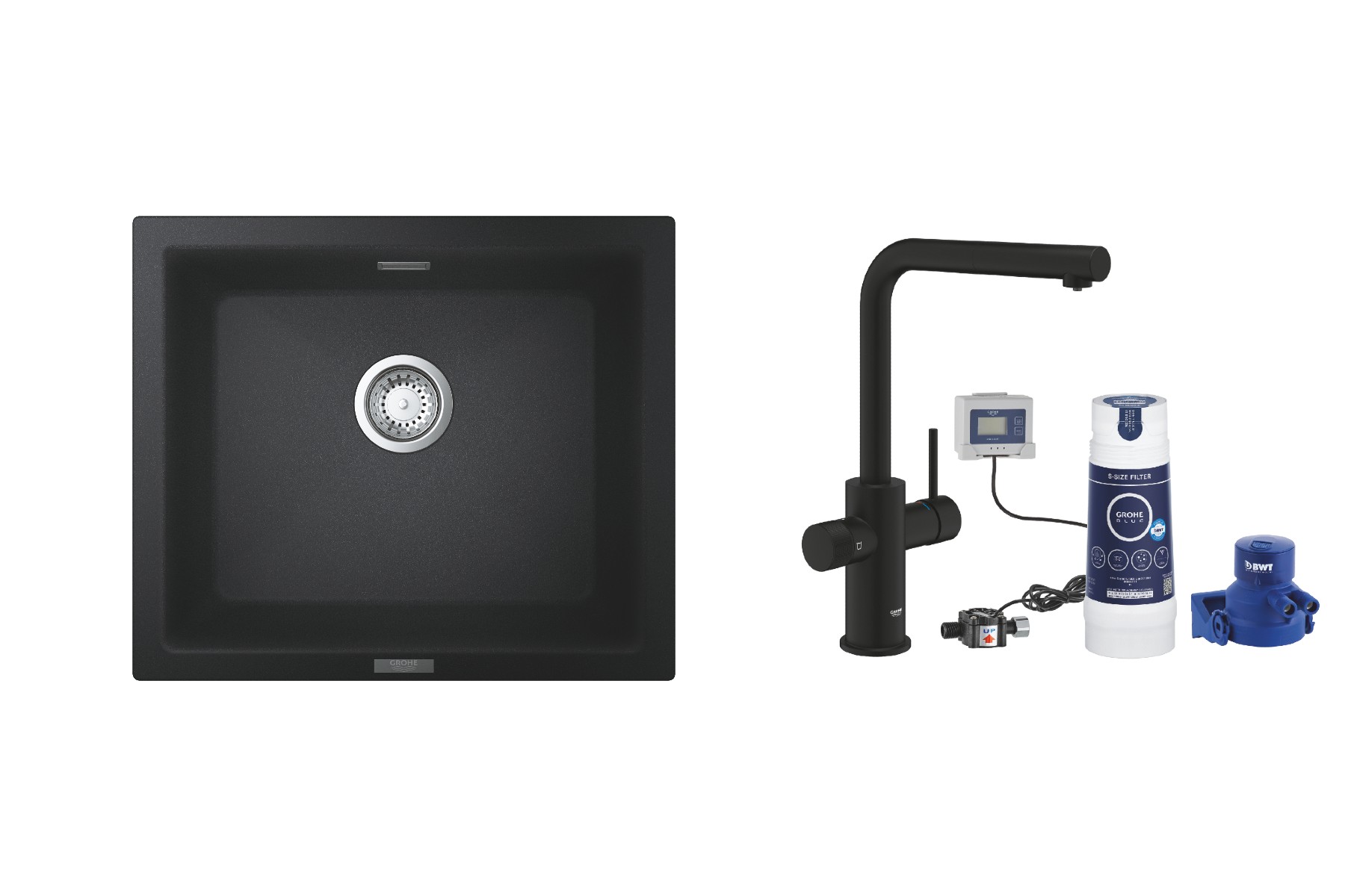 Grohe Pachet chiuveta grohe k700u 31654ap0, 533 x 457 mm, quartz, montare sub blat + baterie 30579kf0, tip l, filtrare apa, dus
