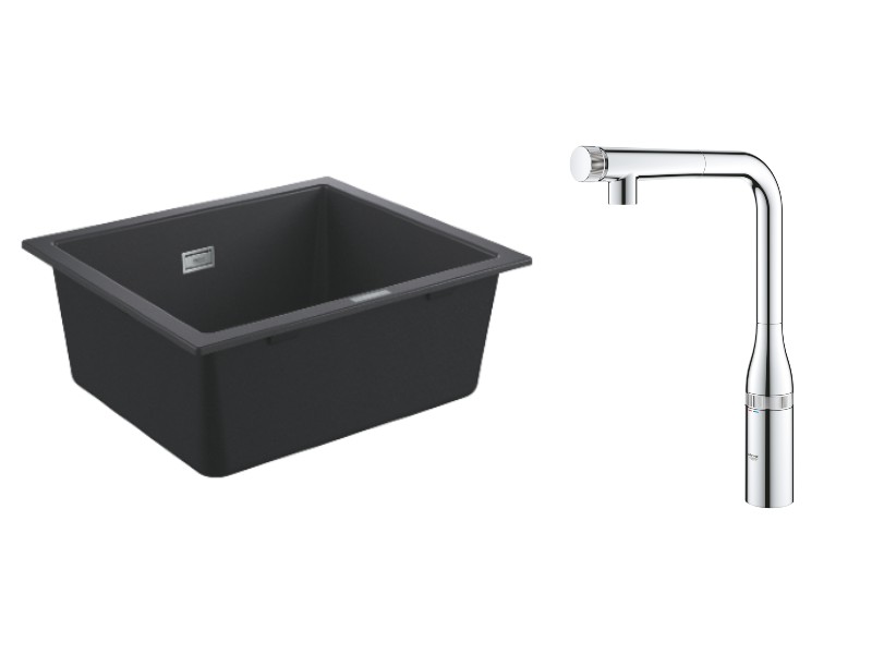 Grohe Pachet chiuveta quartz grohe 31654ap0 k700u, 533 x 457 mm, sub blat + 31615000, 3/8'', dus, tip u, crom/negru