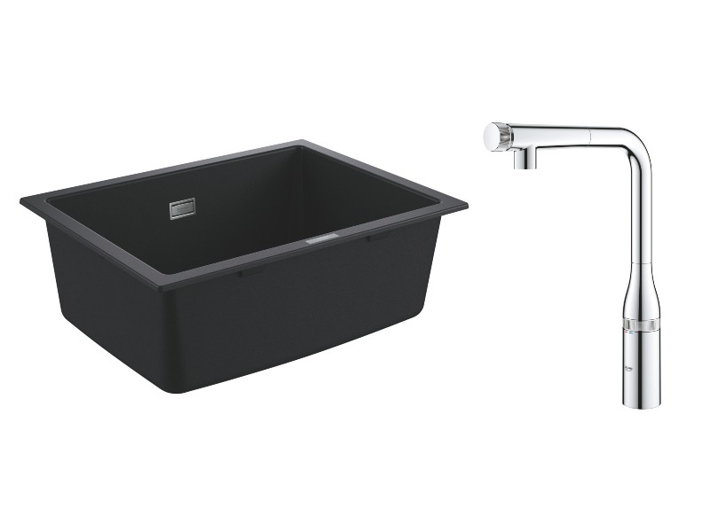 Grohe Pachet chiuveta quartz grohe 31655ap0 k700u, 610 x 460 mm, sub blat + baterie 31615000, 3/8'', dus, tip u, crom