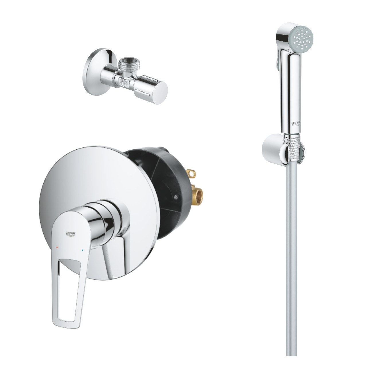 Grohe Pachet dus igienic cu mixare bauloop 29080001, aparent, 1/2'', valva, suport, trigger spray 27513001, crom