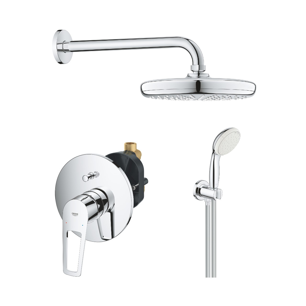 Grohe Pachet sistem de dus grohe bauloop 29081001, 1/2'', incastrat, dus fix 210 mm, anti-calcar, crom