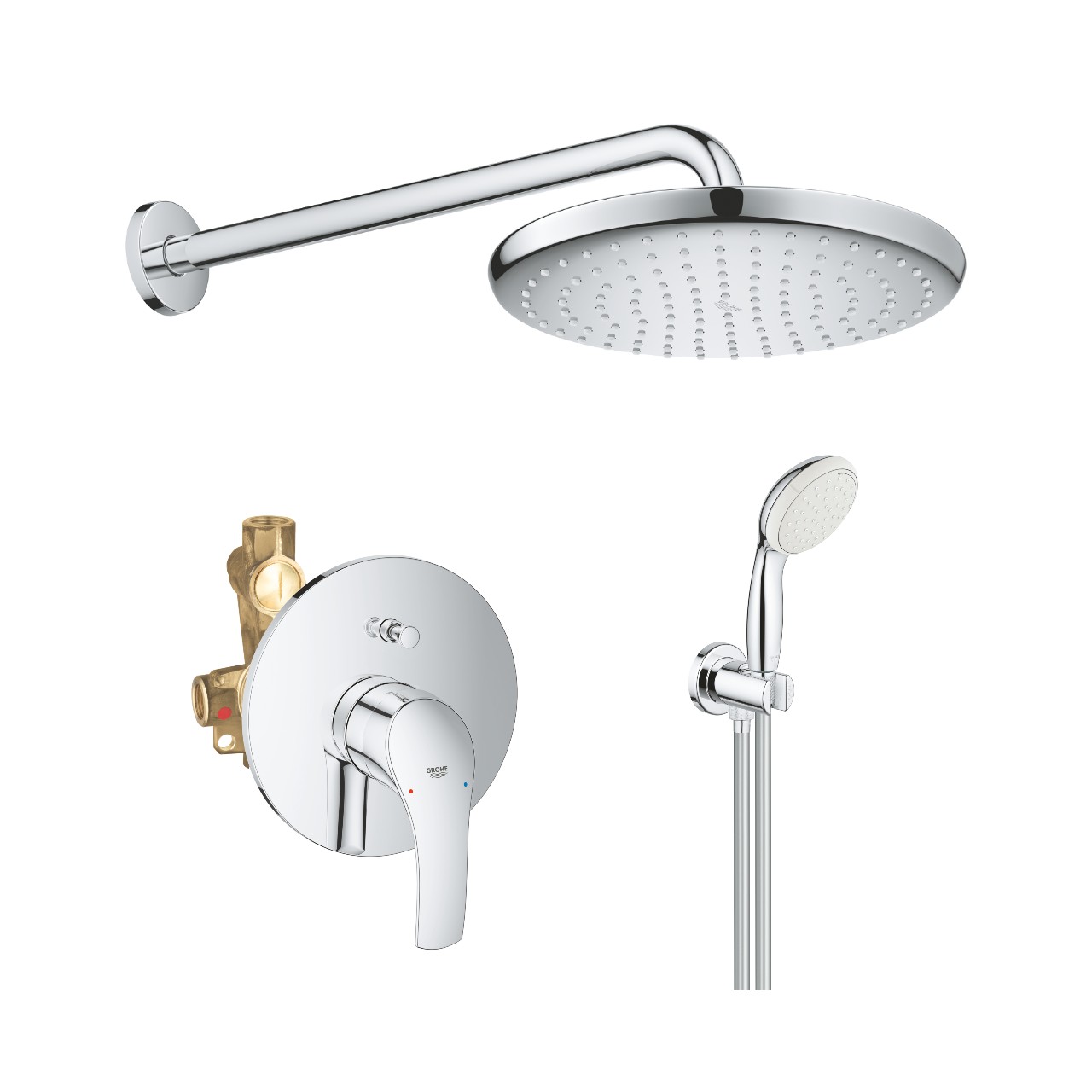 Grohe Pachet sistem de dus grohe eurosmart 33305002, 1/2'', incastrat, dus fix 250 mm, anti-calcar, crom
