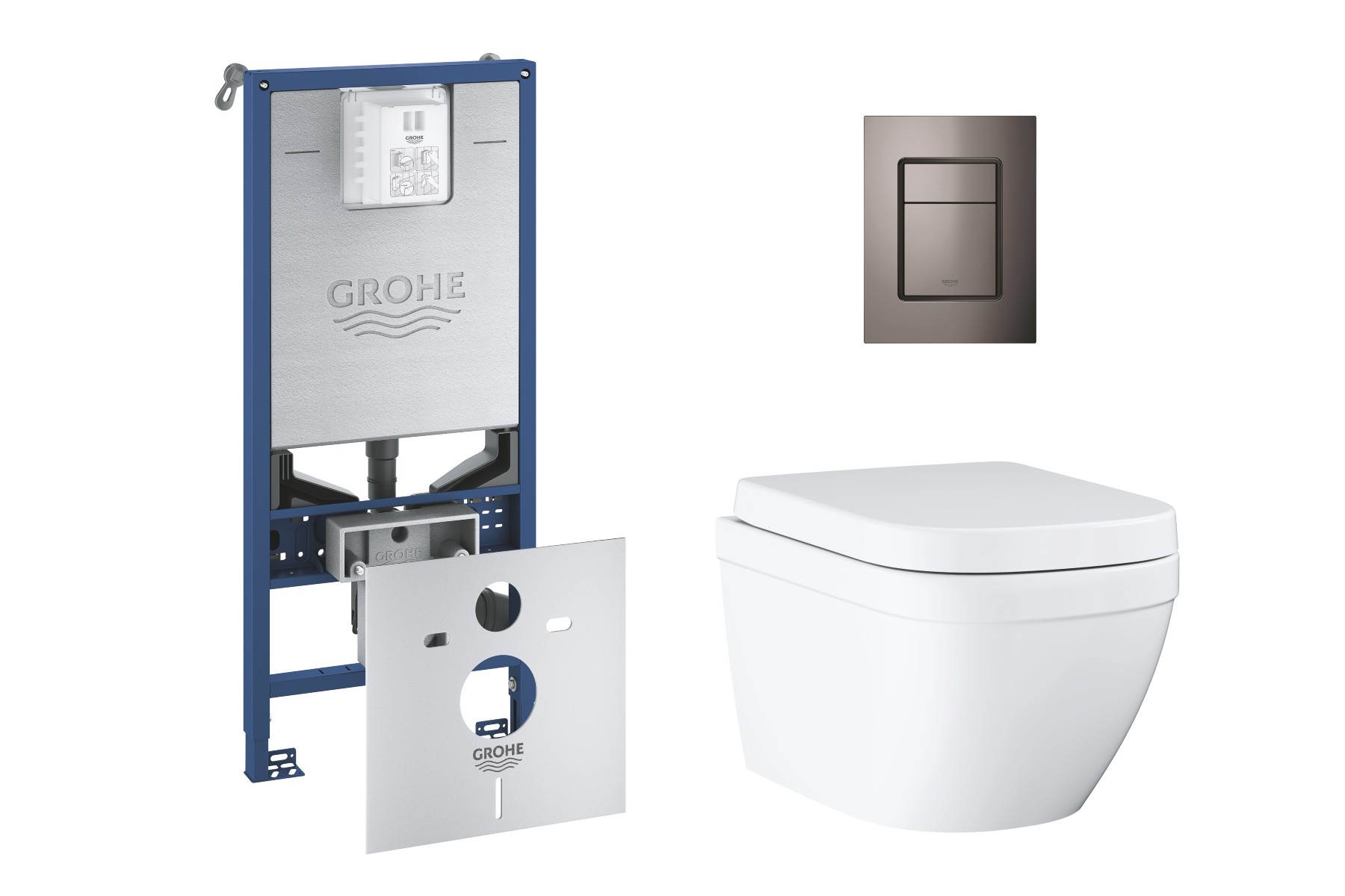 Grohe Pachet wc grohe euro ceramic 39693000, suspendat, cadru rapid slx, wc si clapeta grohe, rimless, softclose, clapeta grafit