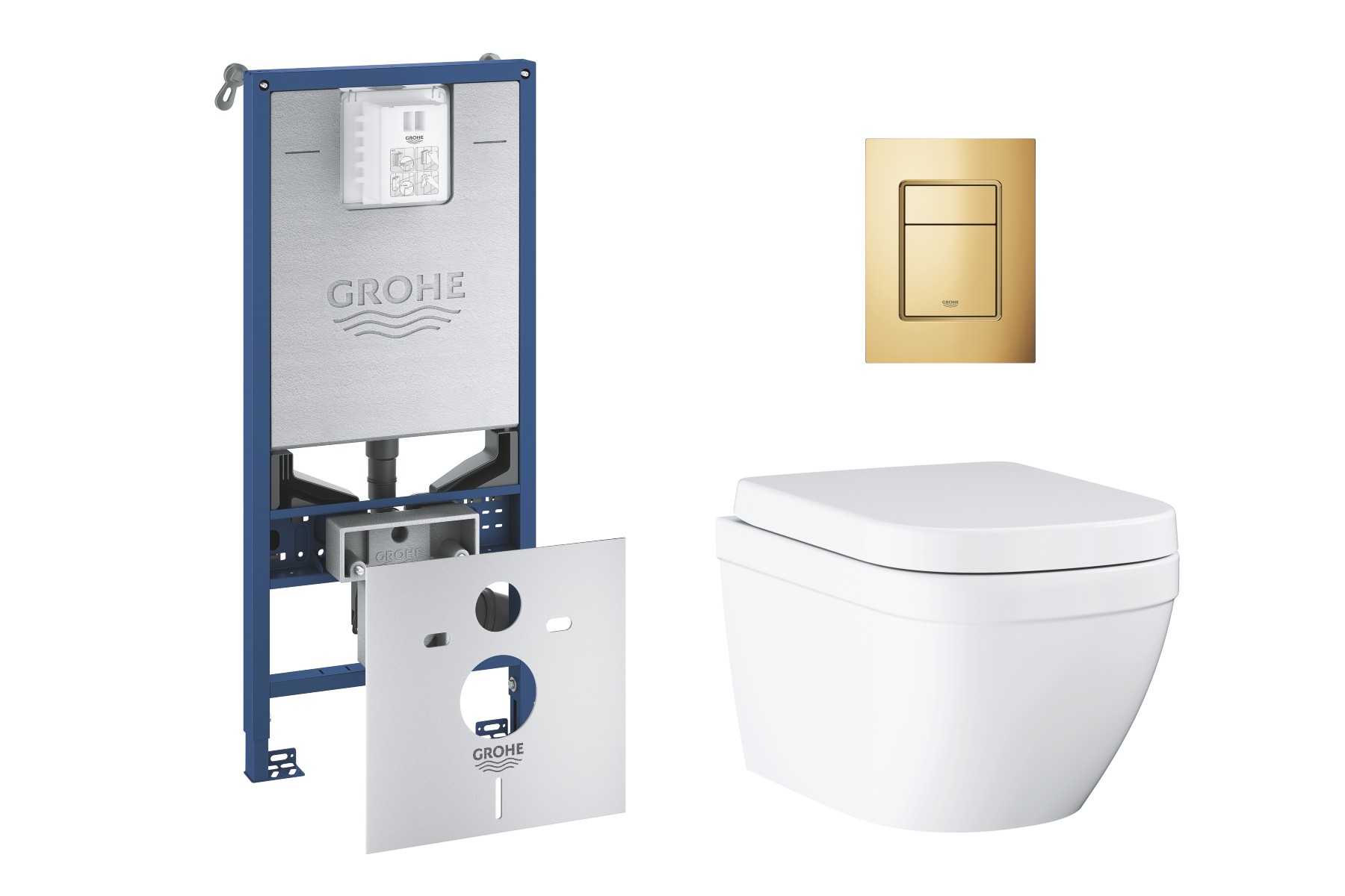 Grohe Pachet wc grohe euro ceramic 39693000, suspendat, cadru rapid slx, wc si clapeta grohe, rimless, softclose, clapeta auriu