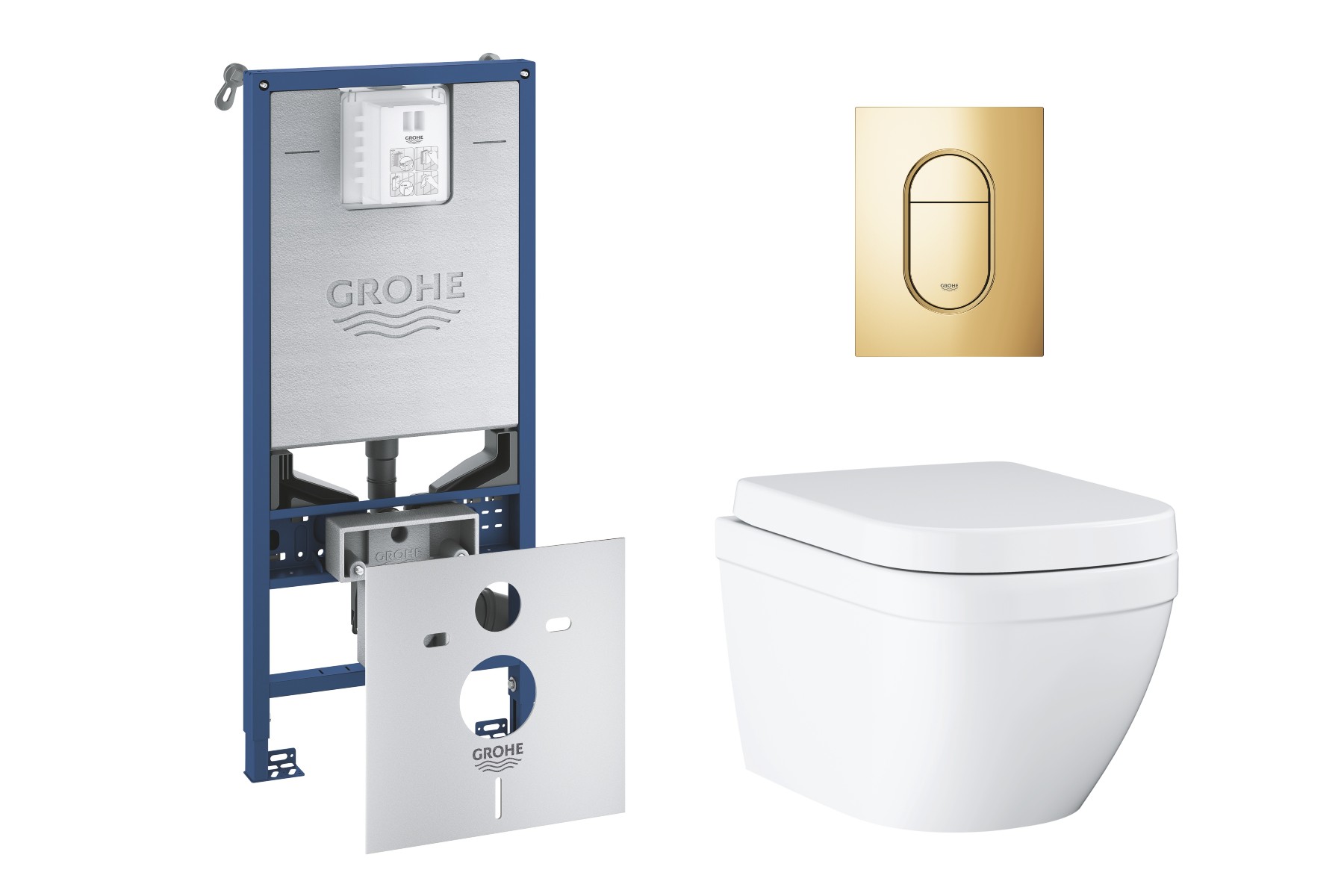 Grohe Pachet wc grohe euro ceramic 39693000, suspendat, cadru rapid slx, wc si clapeta grohe, rimless, softclose, clapeta auriu