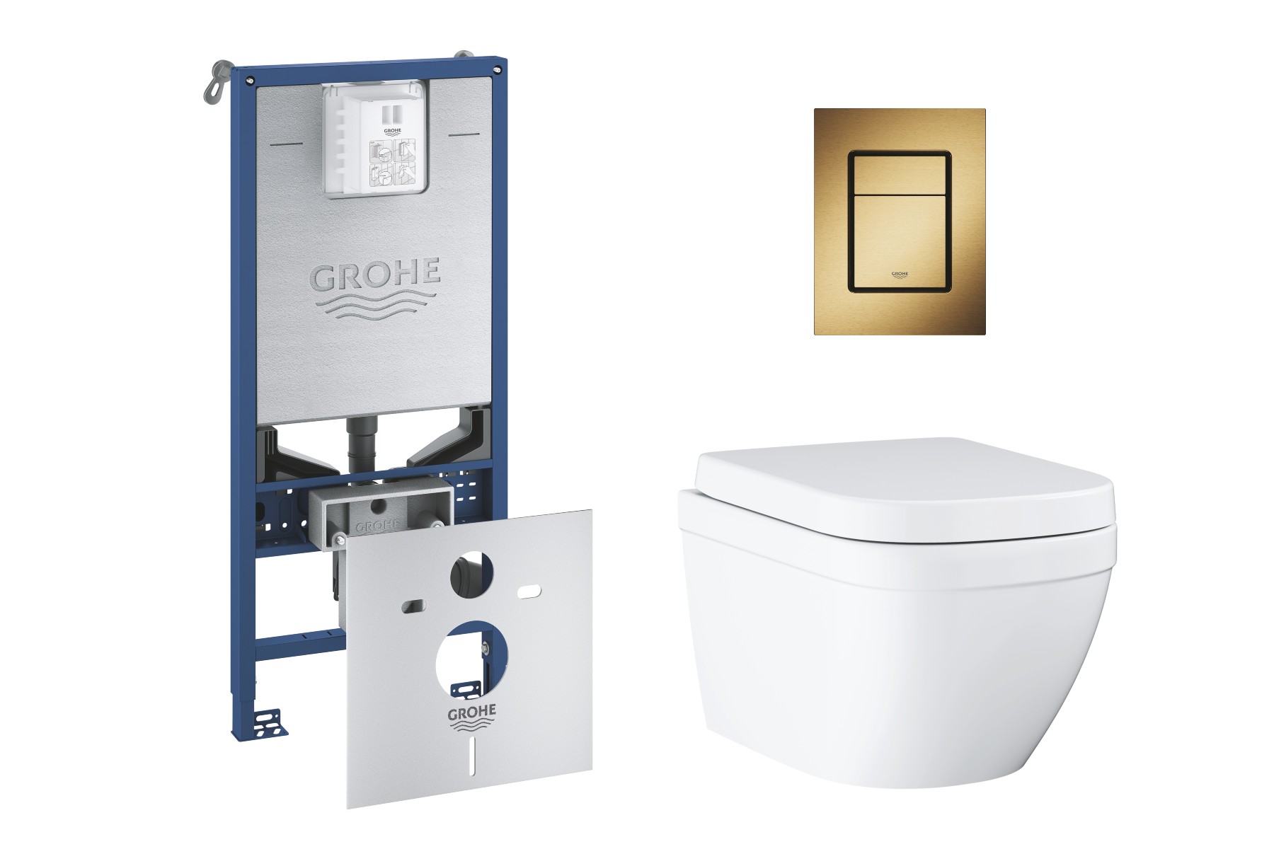 Grohe Pachet wc grohe euro ceramic 39693000, suspendat, cadru rapid slx, wc si clapeta grohe, rimless, softclose, clapeta auriu