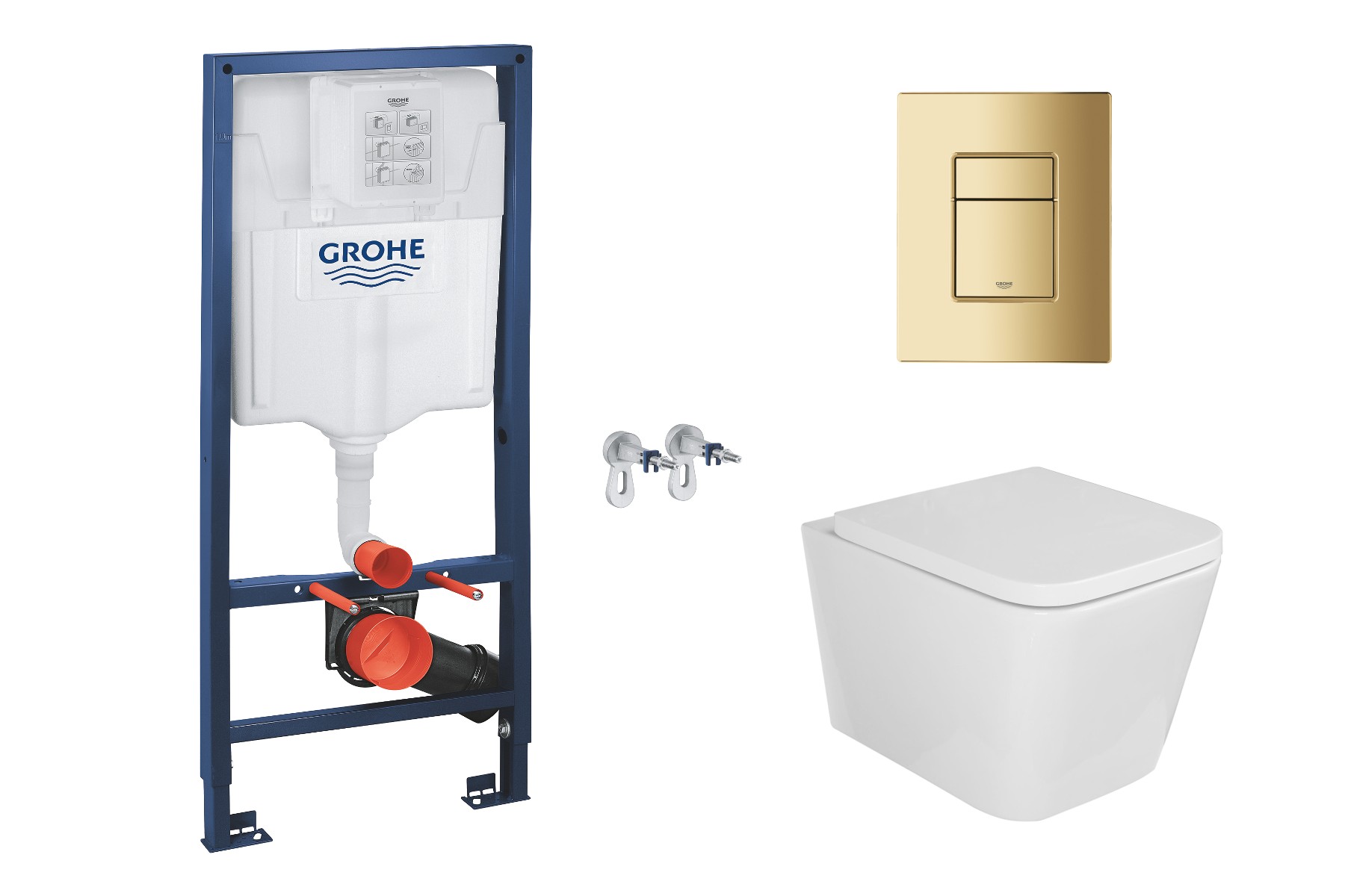 Grohe Pachet wc grohe 30111000, suspendat, wc kielle, cadru si placuta grohe, rimless, softclose, placuta auriu lucios, alb