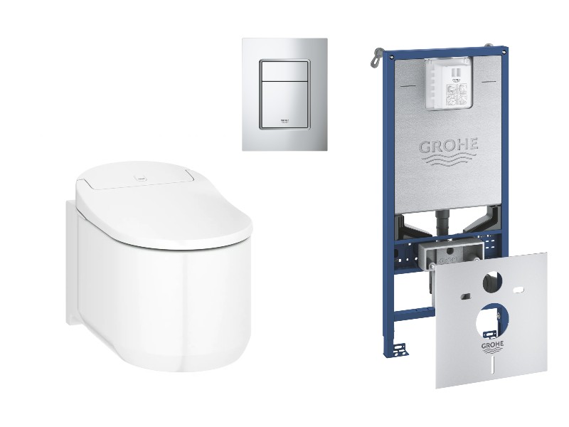 Grohe Pachet wc grohe sensia arena, suspendat, smart, bideu, rimless, softclose, cadru grohe slx, clapeta crom lucios, alb,