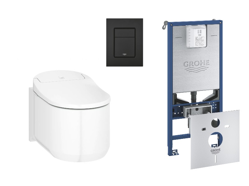 Grohe Pachet wc grohe sensia arena, suspendat, smart, bideu, rimless, softclose, cadru grohe slx, clapeta negru mat, alb,