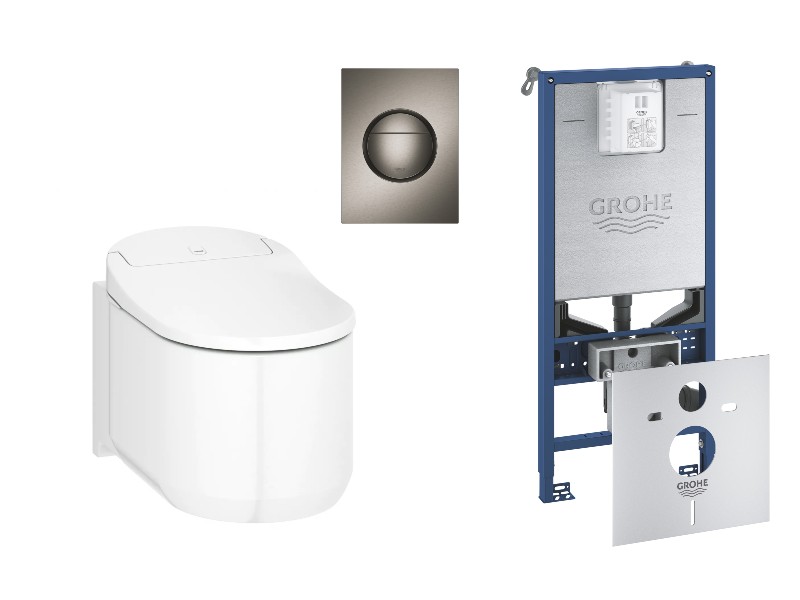 Grohe Pachet wc grohe sensia arena, suspendat, smart, bideu, rimless, softclose, cadru grohe slx, clapeta grafit mat, alb,