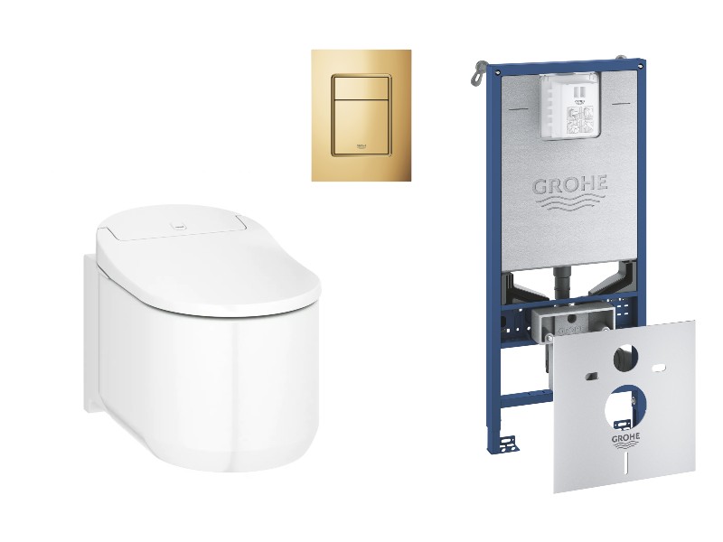 Grohe Pachet wc grohe sensia arena, suspendat, smart, bideu, rimless, softclose, cadru grohe slx, clapeta auriu lucios, alb,