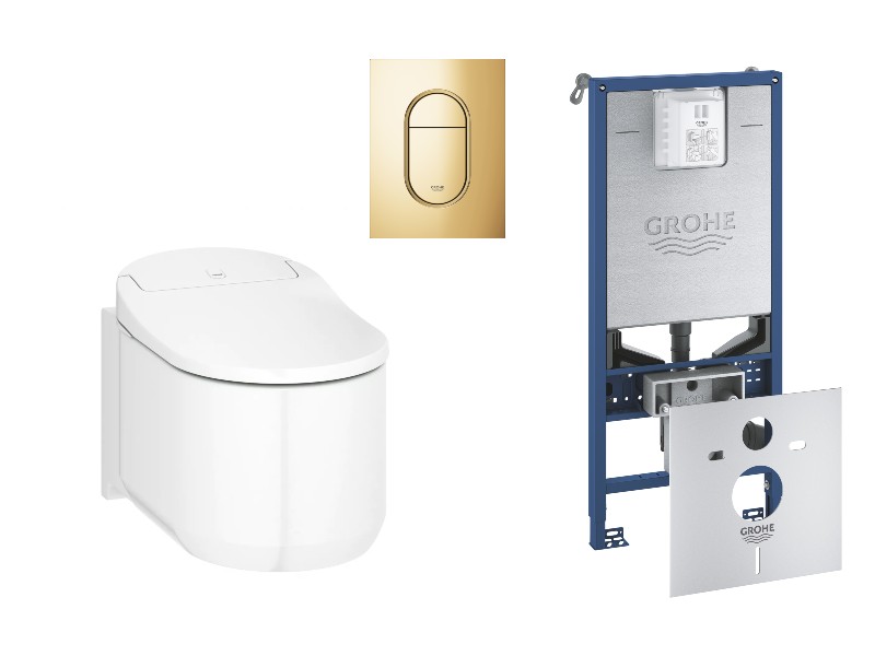 Grohe Pachet wc grohe sensia arena, suspendat, smart, bideu, rimless, softclose, cadru grohe slx, clapeta auriu lucios, alb,
