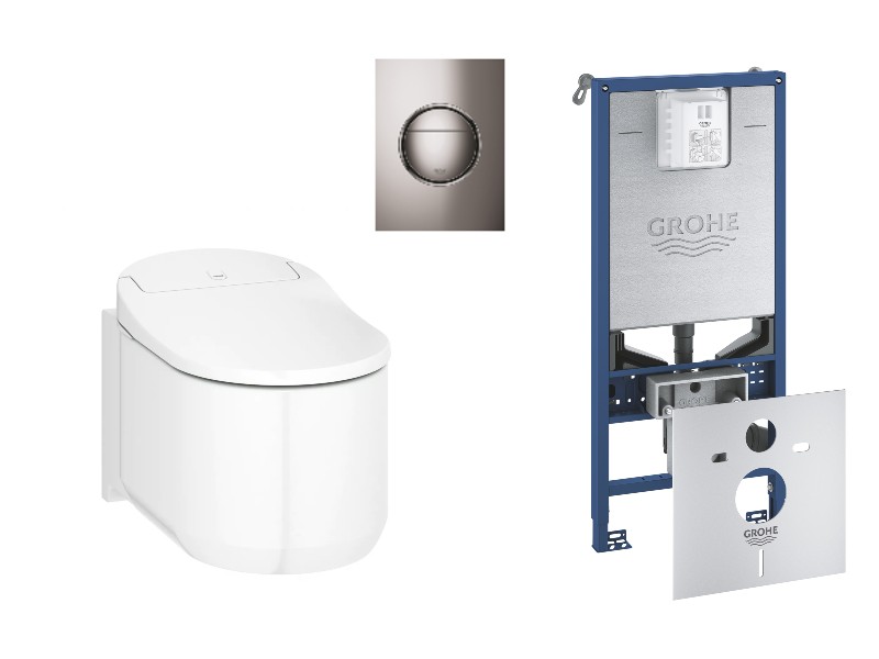 Grohe Pachet wc grohe sensia arena, suspendat, smart, bideu, rimless, softclose, cadru grohe slx, clapeta grafit lucios, alb,