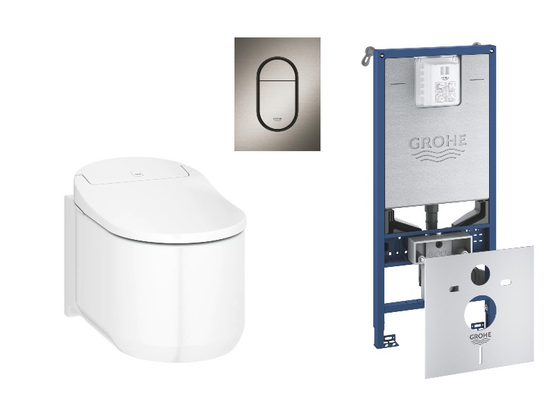 Grohe Pachet wc grohe sensia arena, suspendat, smart, bideu, rimless, softclose, cadru grohe slx, clapeta grafit mat, alb,