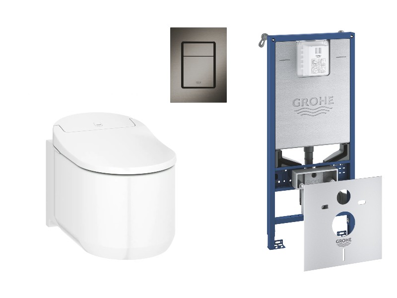 Grohe Pachet wc grohe sensia arena, suspendat, smart, bideu, rimless, softclose, cadru grohe slx, clapeta grafit mat, alb,