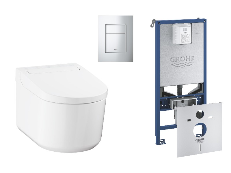 Grohe Pachet wc grohe sensia, suspendat, smart, bideu, rimless, softclose, cadru grohe slx, clapeta crom lucios, alb,