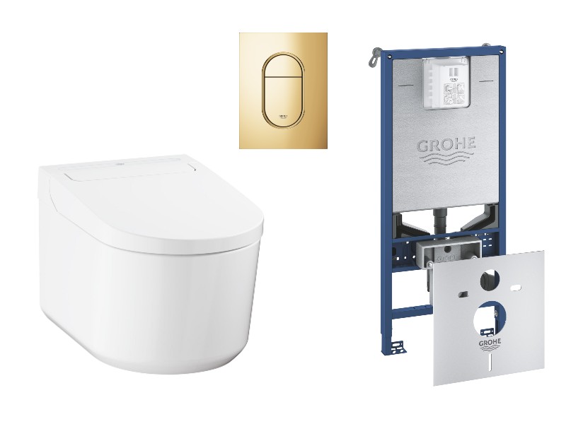 Grohe Pachet wc grohe sensia, suspendat, smart, bideu, rimless, softclose, cadru grohe slx, clapeta auriu lucios, alb,