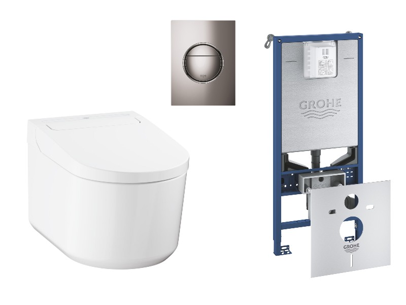 Grohe Pachet wc grohe sensia, suspendat, smart, bideu, rimless, softclose, cadru grohe slx, clapeta grafit lucios, alb,