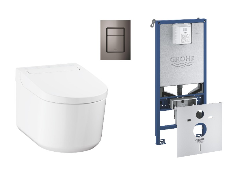 Grohe Pachet wc grohe sensia, suspendat, smart, bideu, rimless, softclose, cadru grohe slx, clapeta grafit lucios, alb,