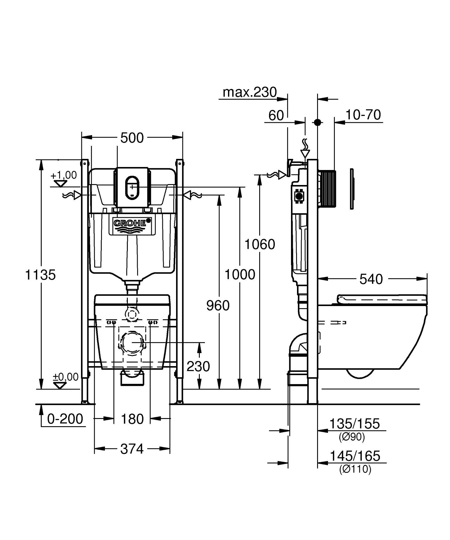 Pachet WC Grohe 39700000, 156 mm, 197 mm, 90, 110 mm, 480 mm, 540 mm, 374 mm, 2 moduri spalare, Lucios