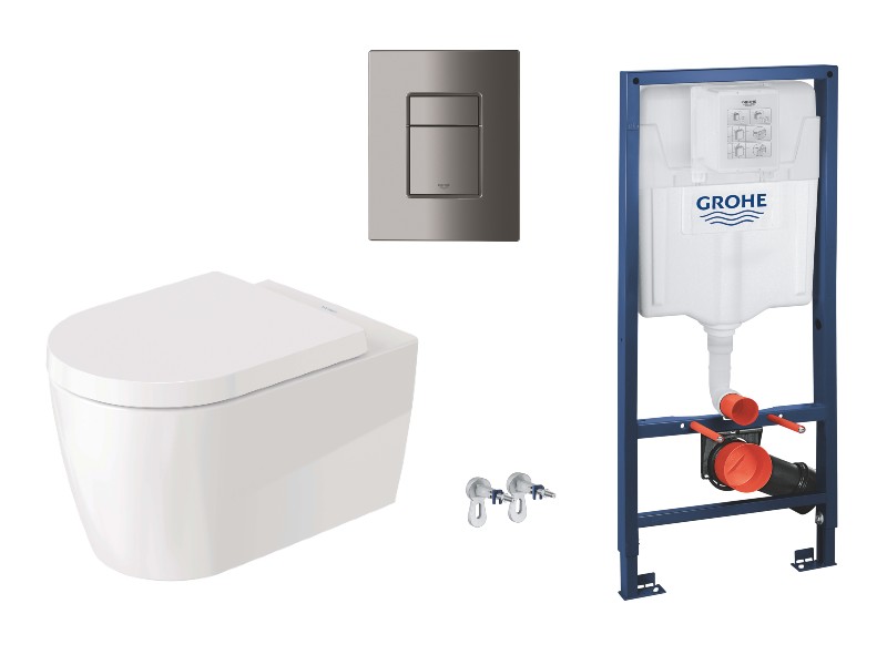 Duravit  Pachet wc suspendat duravit me by starck, rimless, softclose, cadru grohe, clapeta lucios grafit, alb, 45290900a1-5st