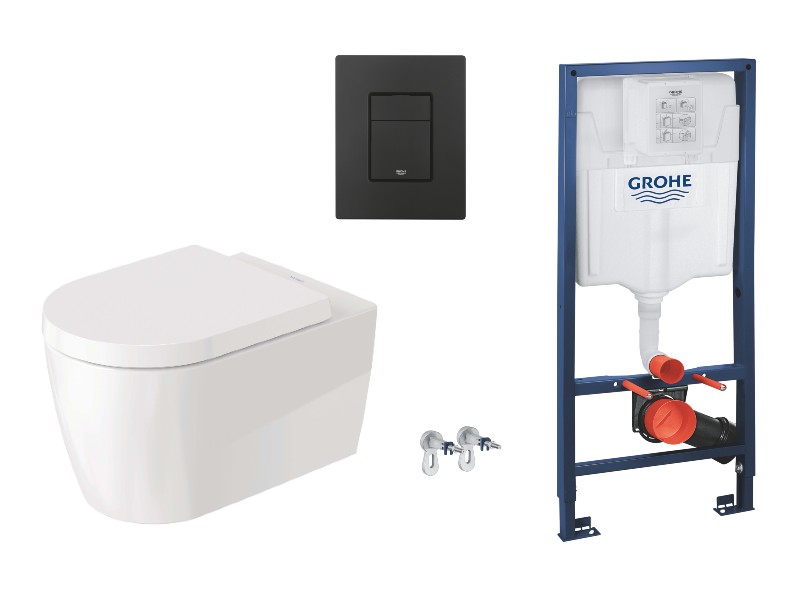Duravit  Pachet wc suspendat duravit me by starck, rimless, softclose, cadru grohe, clapeta negru mat, alb, 45290900a1-8st