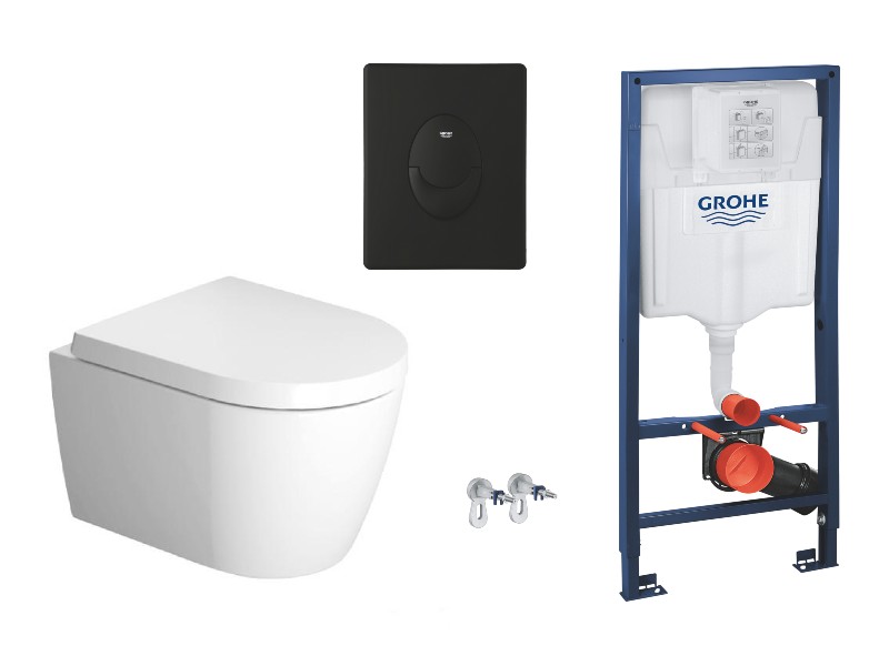 Duravit  Pachet wc suspendat duravit me by starck, rimless, softclose, cadru grohe, clapeta negru mat, alb, 45300900a1-4st